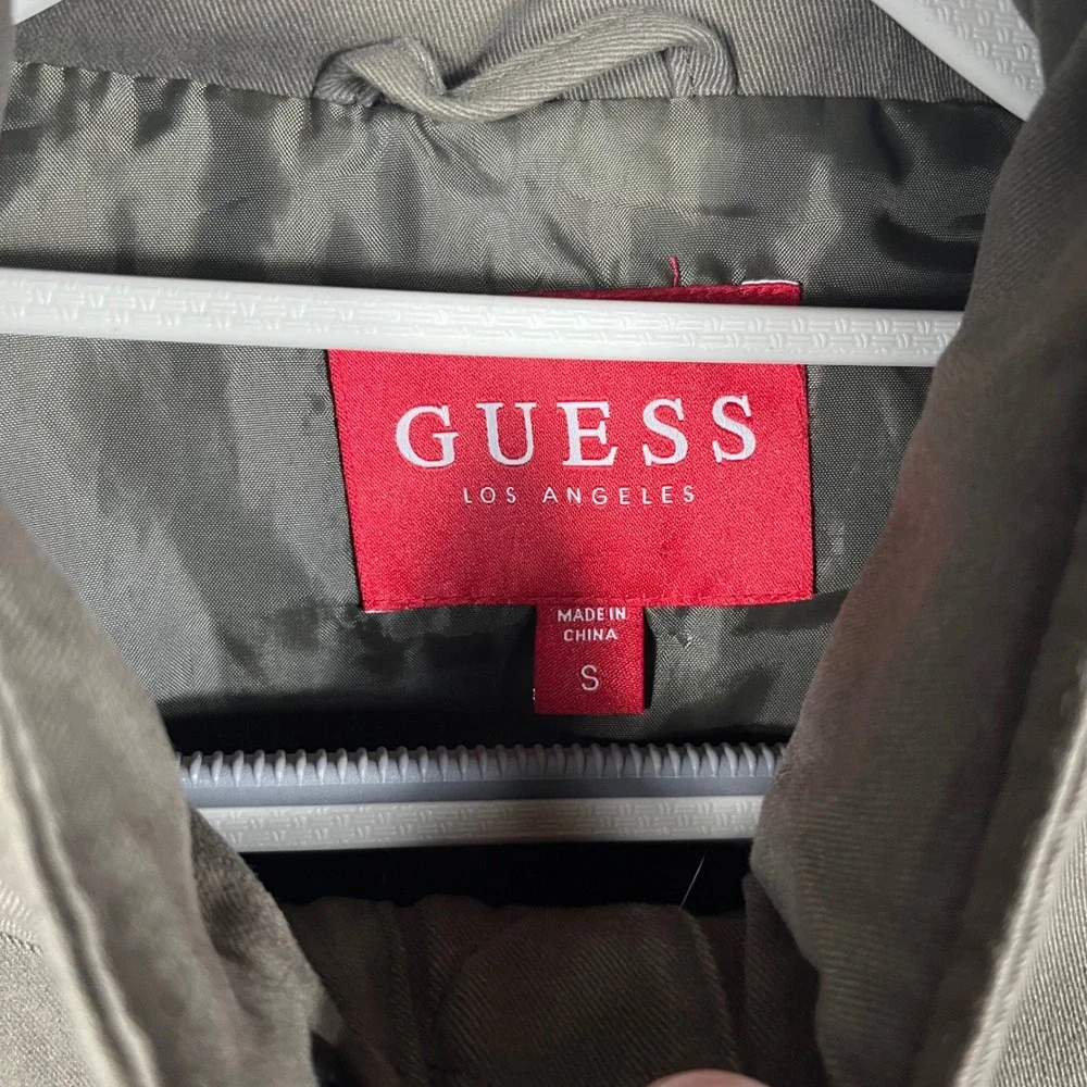 Guess Field Jacket Mens Small Olive Green Military Utility Packable Hood Cotton